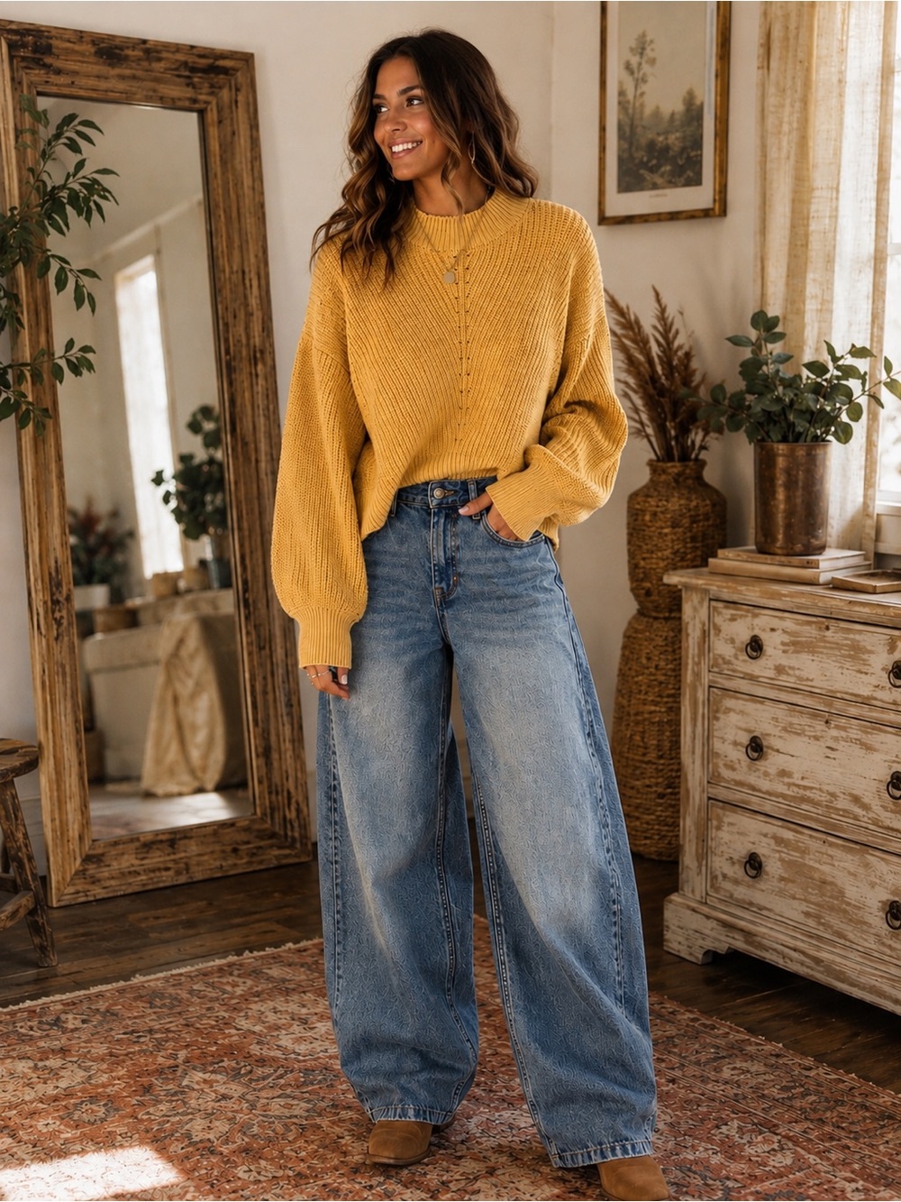 Forever 21 Mustard Balloon Sleeve Mock Neck Chunky Knit Sweater Size Small